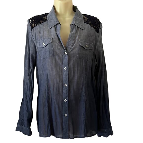 True Freedom XL Blue Chambray and Lace Blouse - Picture 1 of 8